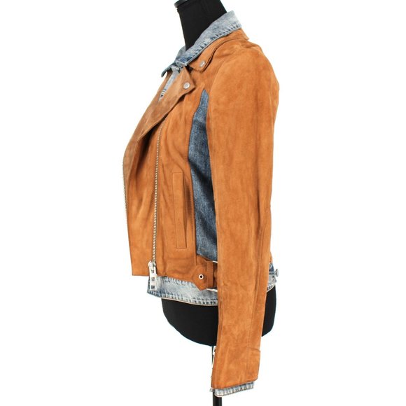 All Saints Frame Blue Denim Tan Suede Layered Jean Biker Jacket size 4 US 0 XS - Picture 4 of 7